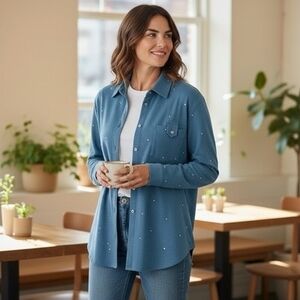 Quacker Factory Knit Denim Button Up Shirt Teal Blue Stretch Rhinestones L